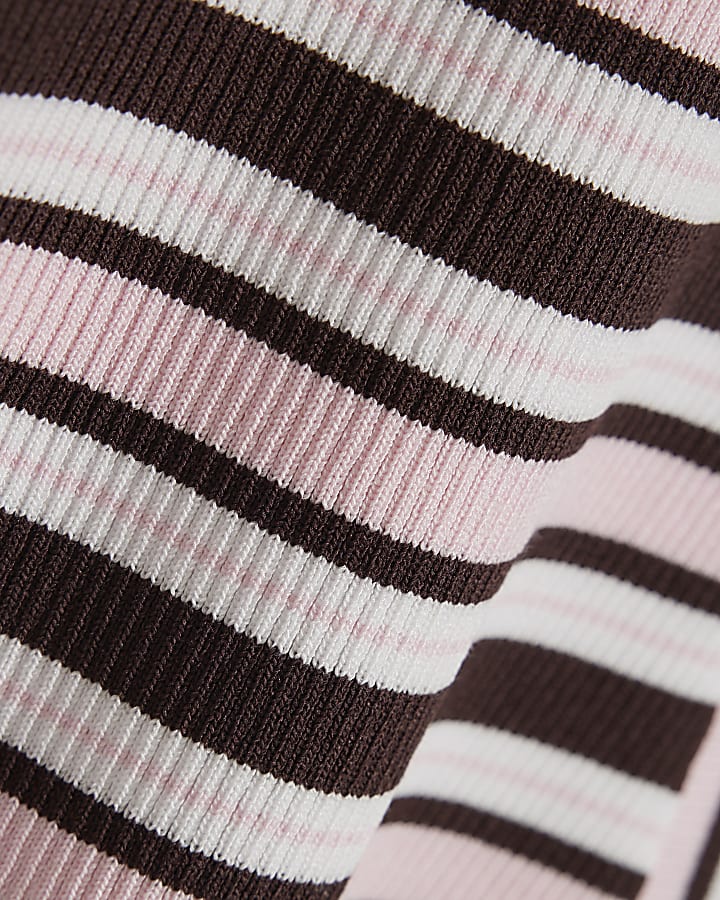 Girls Brown Knit Stripe Short Sleeve Dress