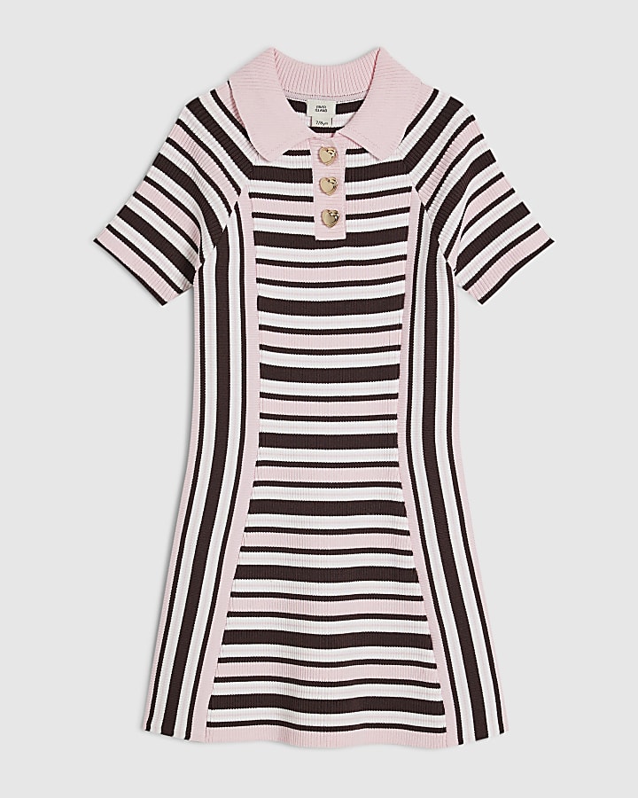 Girls Brown Knit Stripe Short Sleeve Dress
