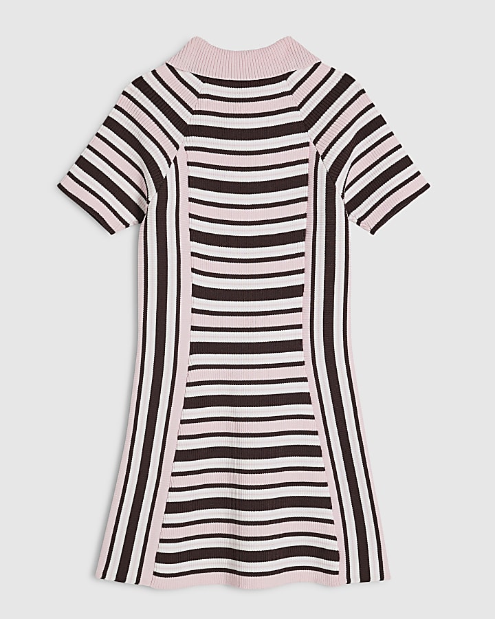 Girls Brown Knit Stripe Short Sleeve Dress