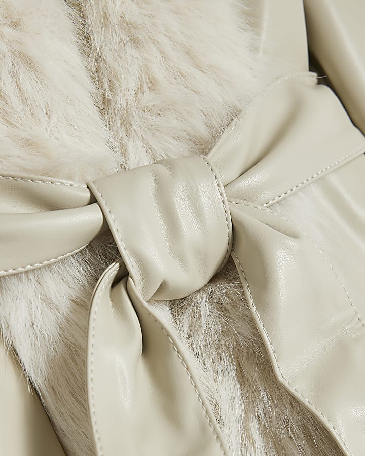 Mini Girls Cream Faux Fur Wrap Coat