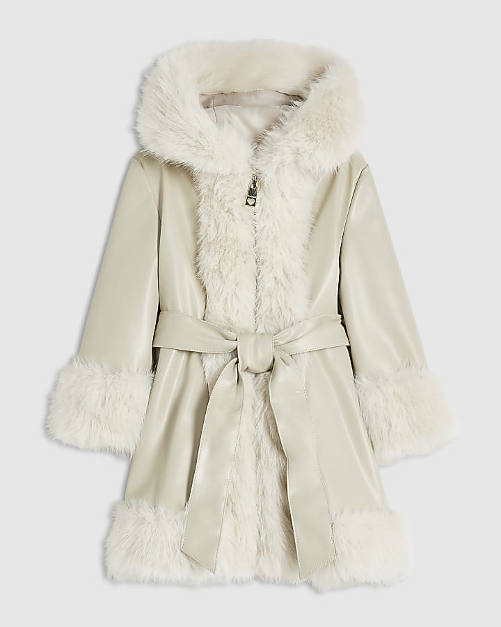 Mini Girls Cream Faux Fur Wrap Coat