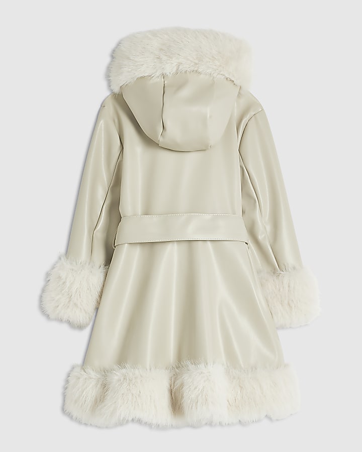 Mini Girls Cream Faux Fur Wrap Coat