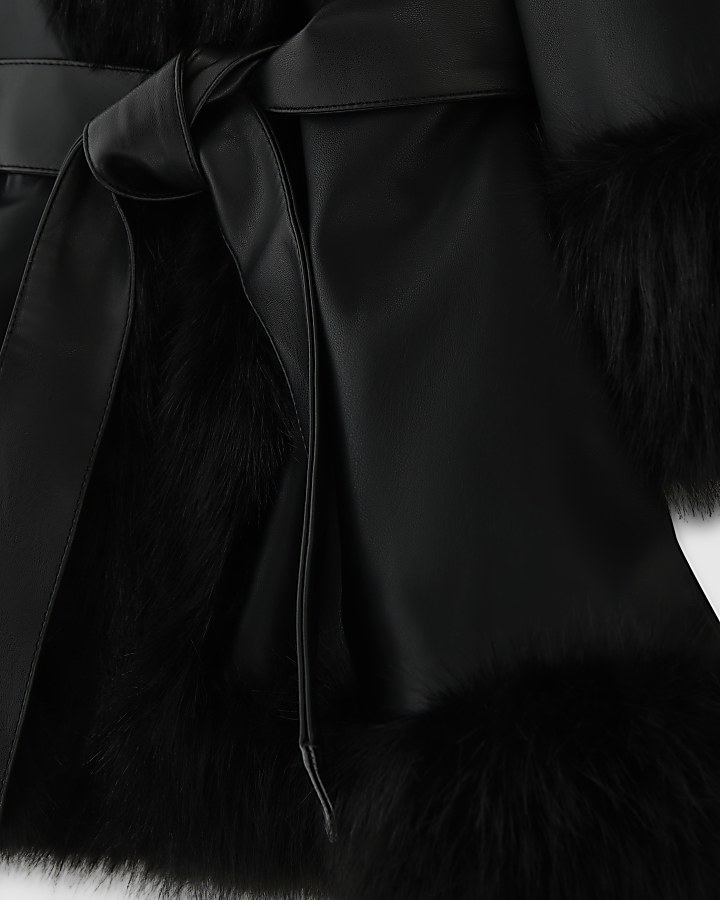 Mini Girls Black Faux Fur Wrap Hoodie Coat