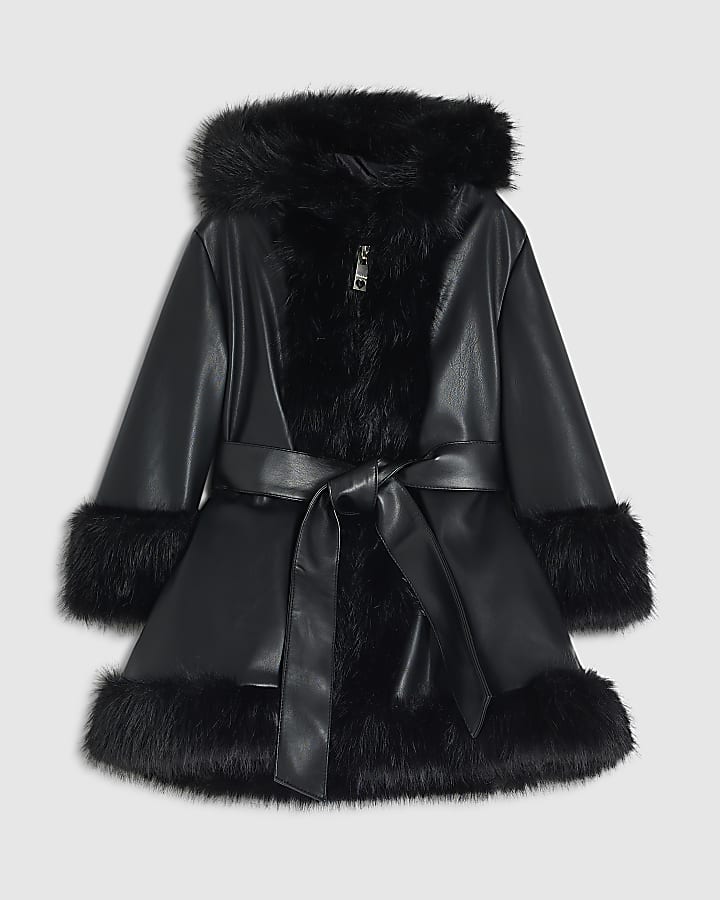 Mini Girls Black Faux Fur Wrap Hoodie Coat