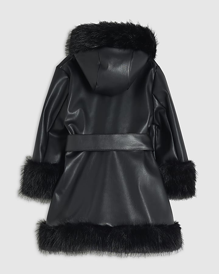 Mini Girls Black Faux Fur Wrap Hoodie Coat