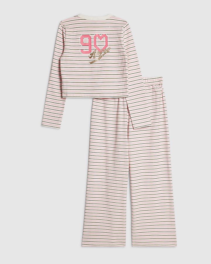 Girls Pink Striped Button Through Set