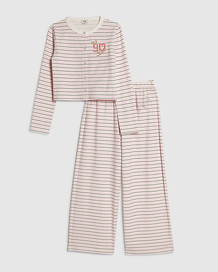 Girls Pink Striped Button Through Set