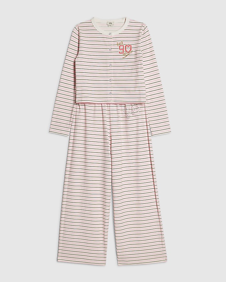 Girls Pink Striped Button Through Set