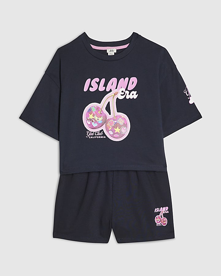 Girls Navy RI Cherry T-Shirt And Shorts Set