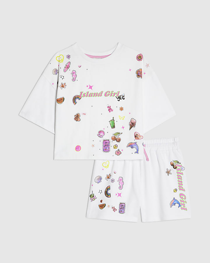 Girls White Sticker T-Shirt And Shorts Set
