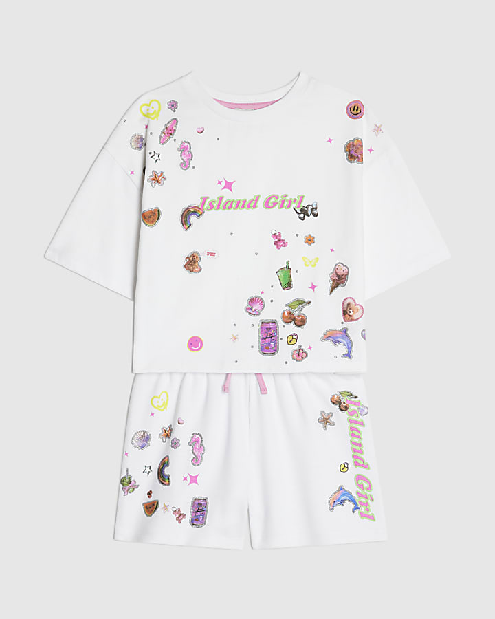 Girls White Sticker T-Shirt And Shorts Set