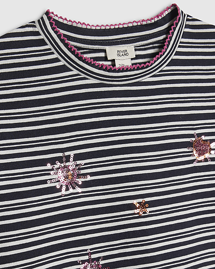Girls Navy Stripe Embellished T-Shirt