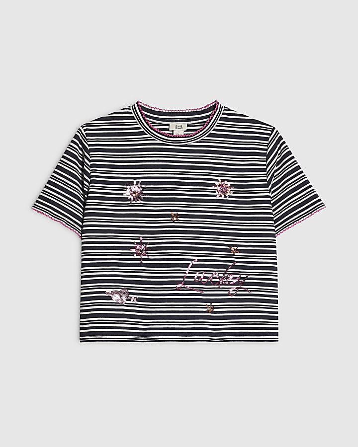 Girls Navy Stripe Embellished T-Shirt