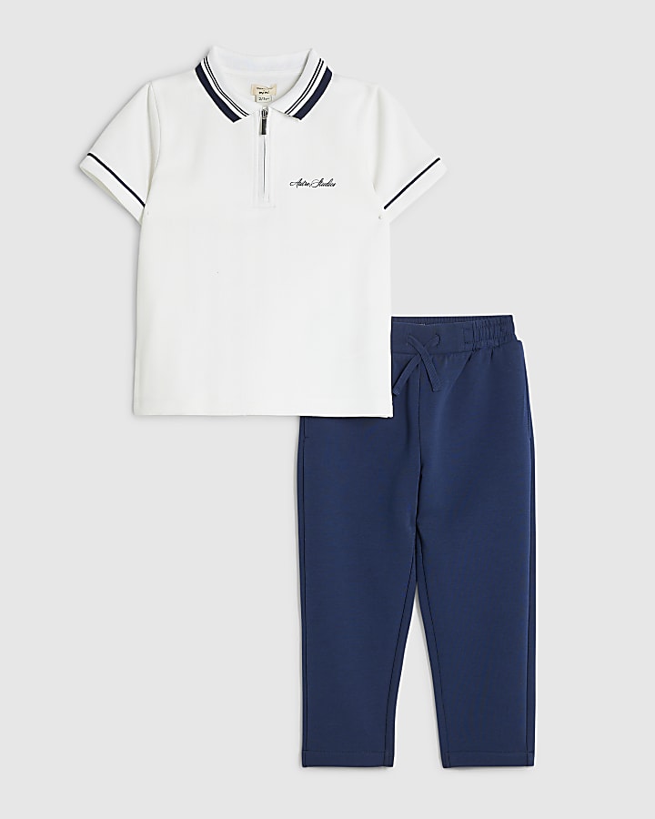 Mini Boys White Polo Shirt And Joggers Set