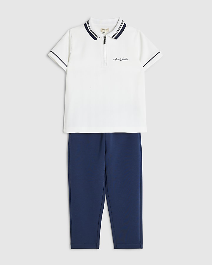 Mini Boys White Polo Shirt And Joggers Set