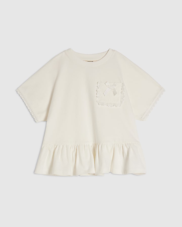 Mini Girls White Lace Pocket T-Shirt