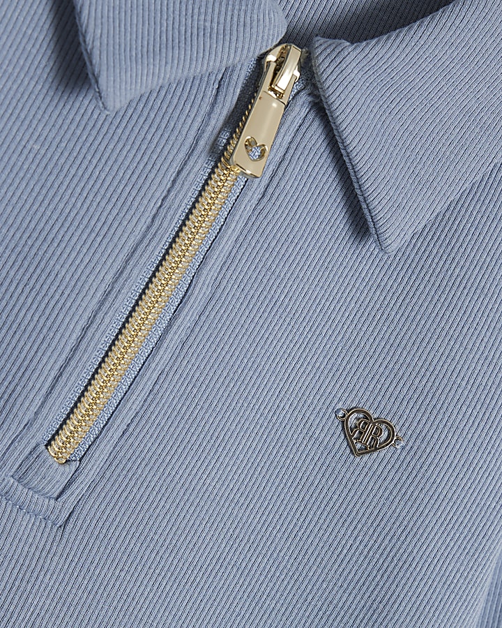 Girls Blue Ribbed Polo Shirt Set