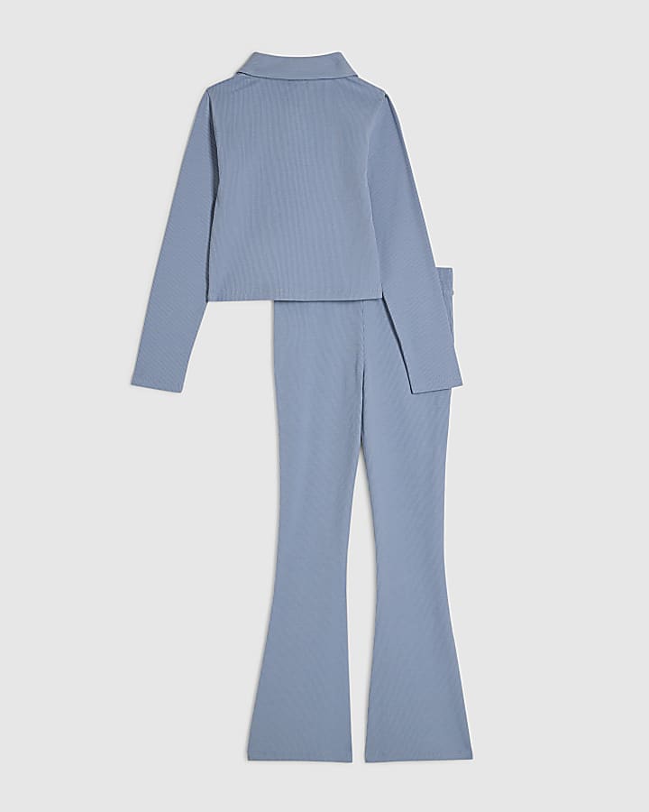 Girls Blue Ribbed Polo Shirt Set