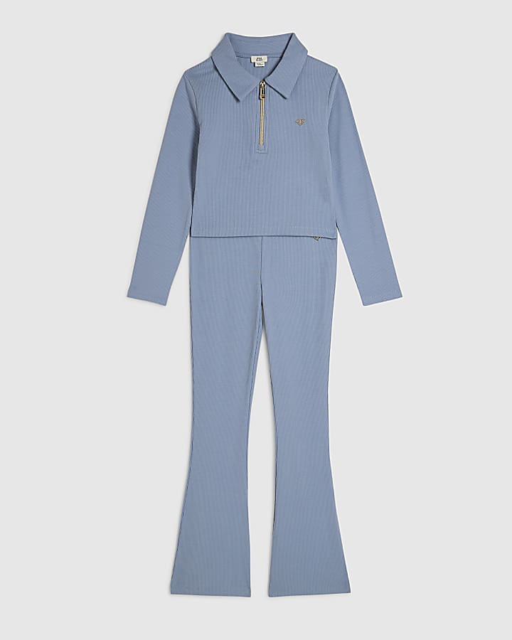 Girls Blue Ribbed Polo Shirt Set