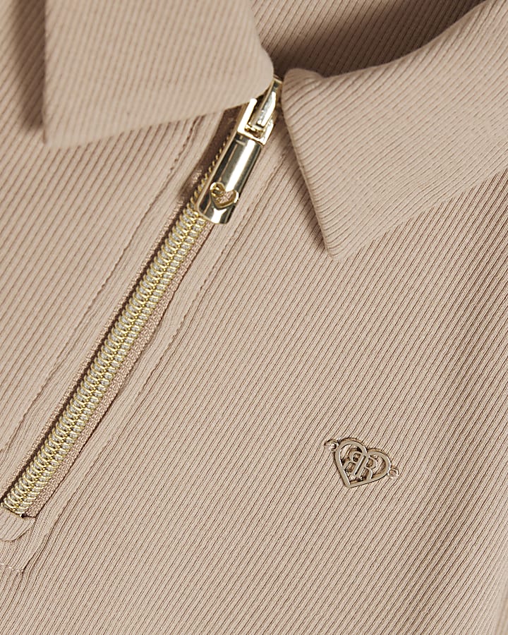 Girls Beige Ribbed Polo Shirt Set