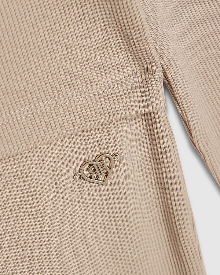 Girls Beige Ribbed Polo Shirt Set