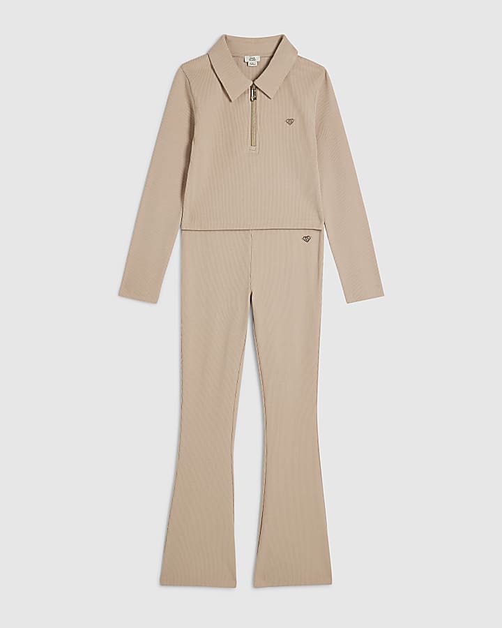 Girls Beige Ribbed Polo Shirt Set