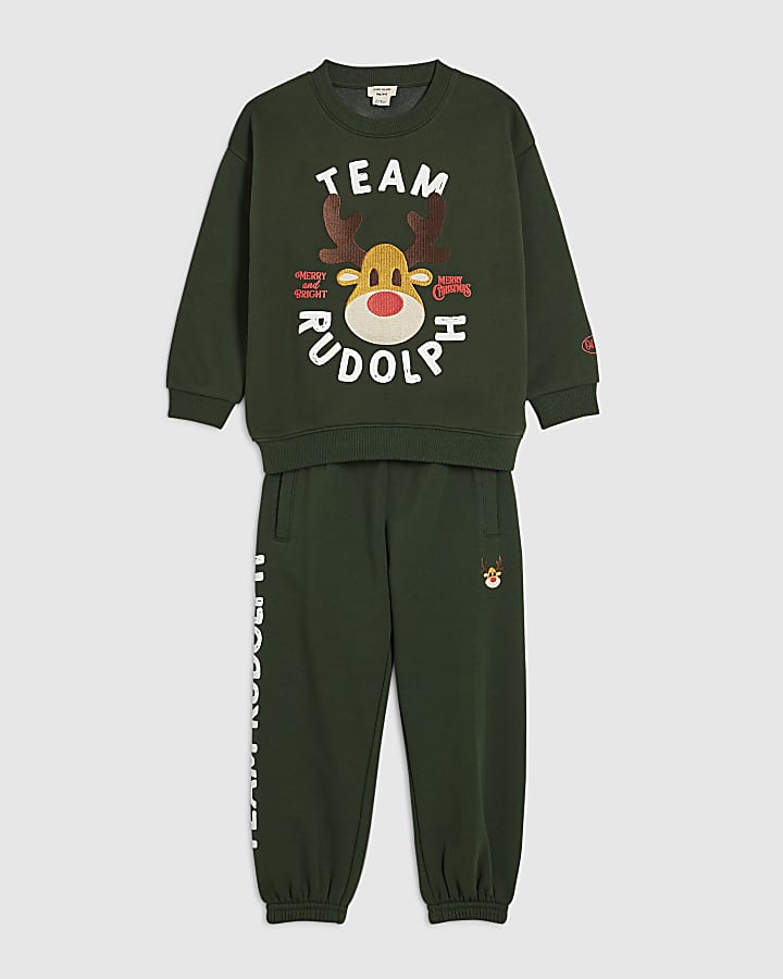 Mini Boys Green Rudolph Sweatshirt Set
