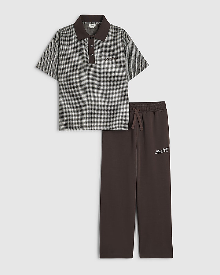 Boys Brown Check Polo Shirt Set