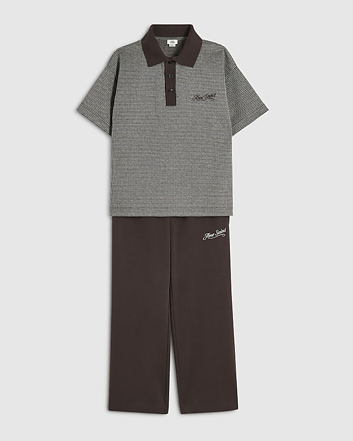 Boys Brown Check Polo Shirt Set