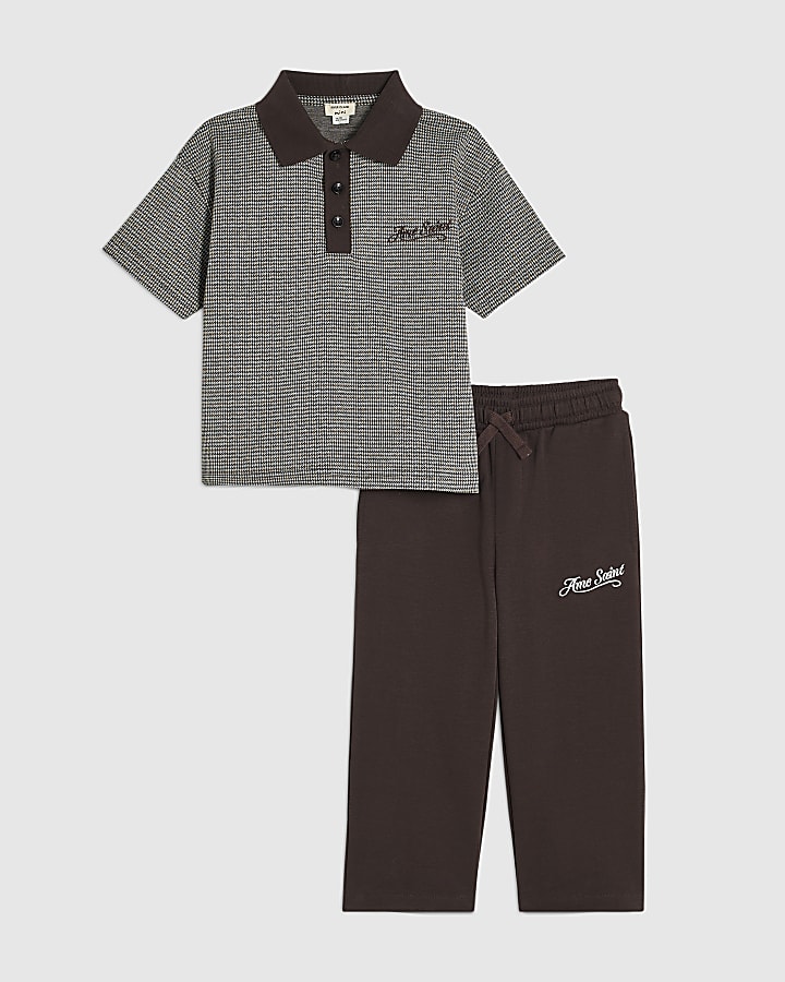 Mini Boys Brown Check Polo Shirt Set