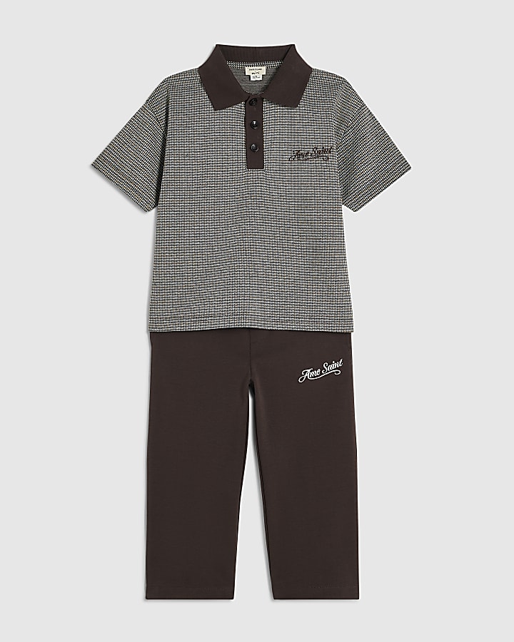 Mini Boys Brown Check Polo Shirt Set