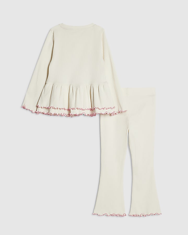 Mini Girls Cream Rib Peplum Top Set