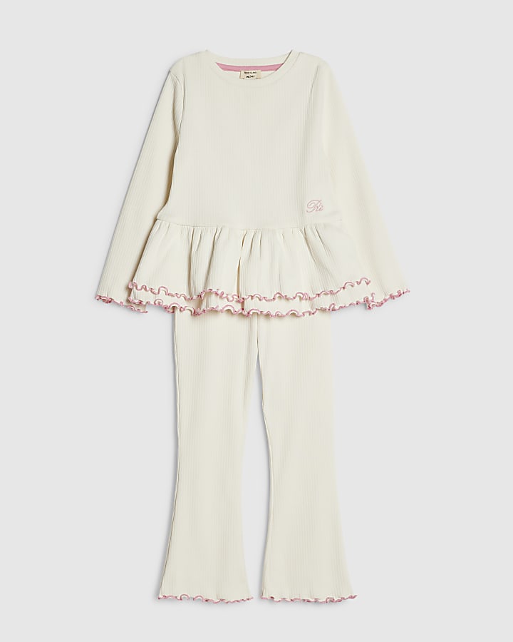 Mini Girls Cream Rib Peplum Top Set