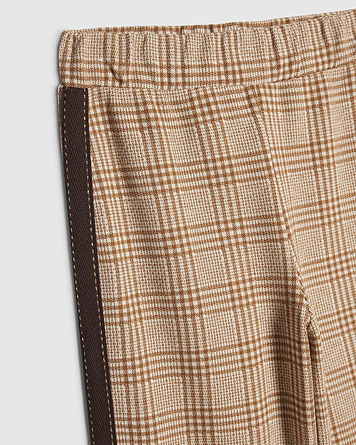 Girls Brown Check Tape Wide Leg Trousers