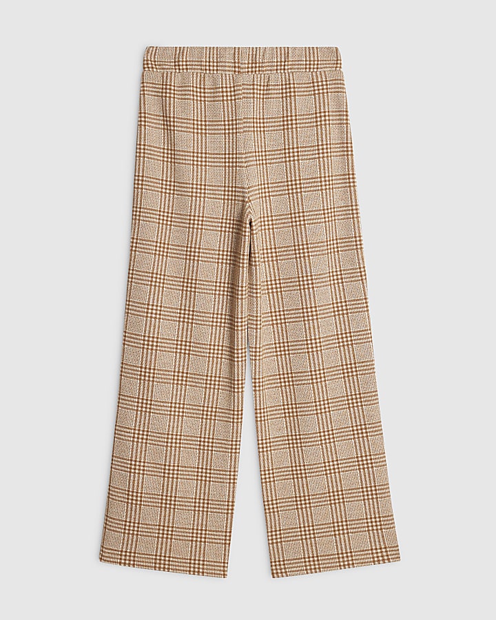 Girls Brown Check Tape Wide Leg Trousers