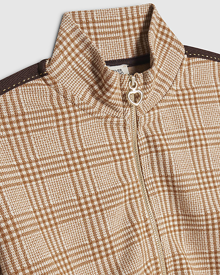 Girls Brown Check Bomber Jacket