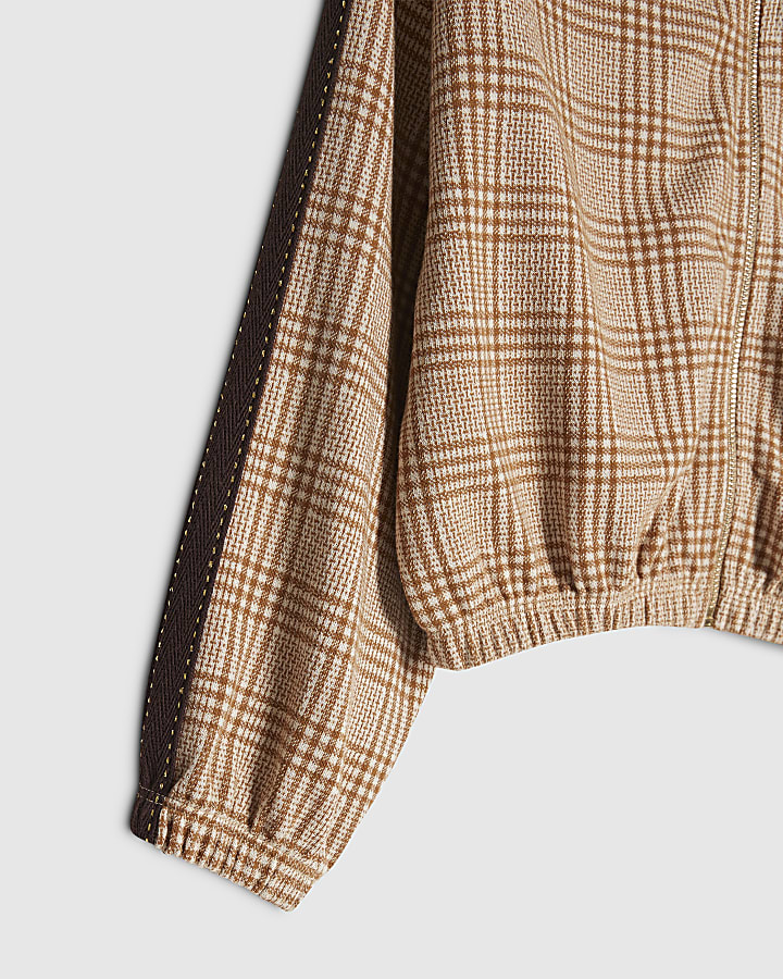 Girls Brown Check Bomber Jacket