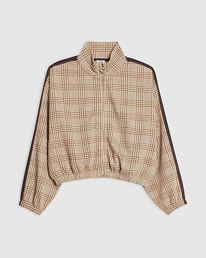 Girls Brown Check Bomber Jacket