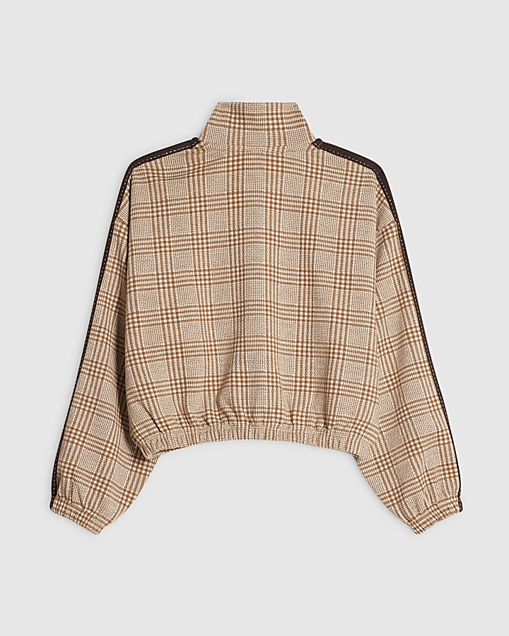 Girls Brown Check Bomber Jacket