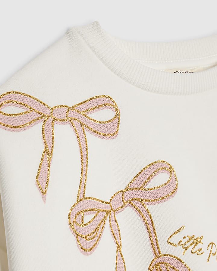 Mini Girls Cream Trailing Bow Sweatshirt