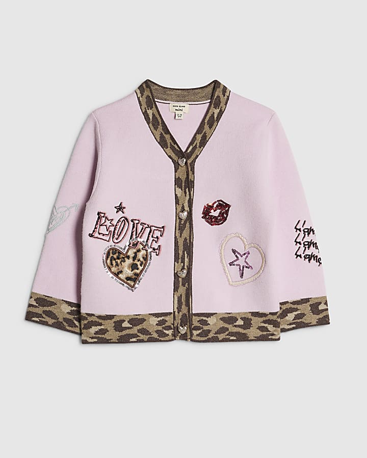 Mini Girls Pink Leopard Placket Cardigan