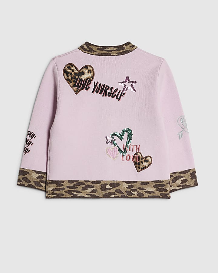 Mini Girls Pink Leopard Placket Cardigan