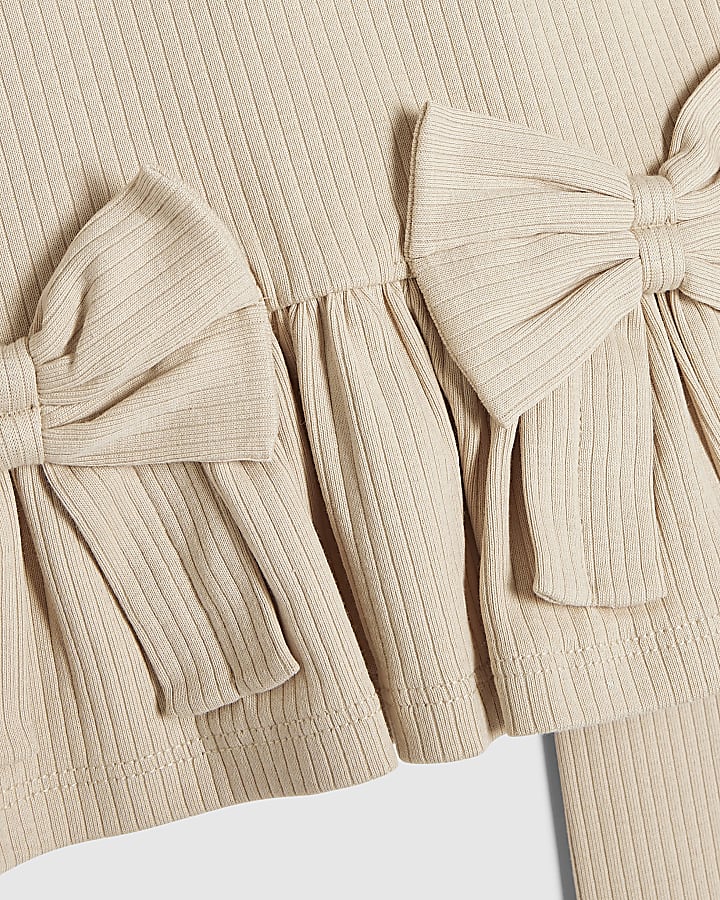 Mini Girls Beige Bow Rib Top And Leggings Set