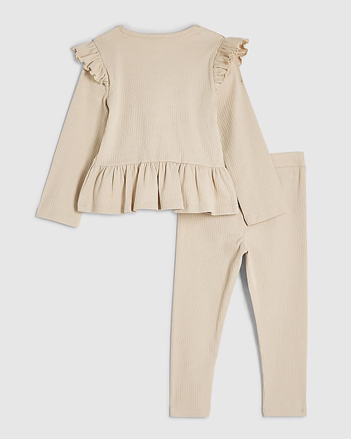 Mini Girls Beige Bow Rib Top And Leggings Set