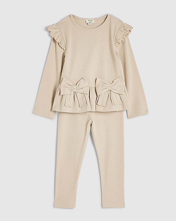 Mini Girls Beige Bow Rib Top And Leggings Set