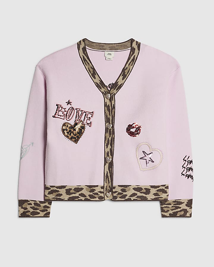 Girls Pink Leopard Placket Cardigan