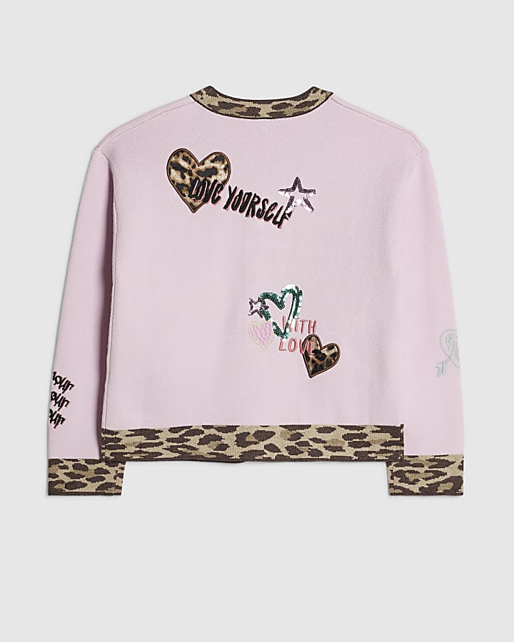 Girls Pink Leopard Placket Cardigan