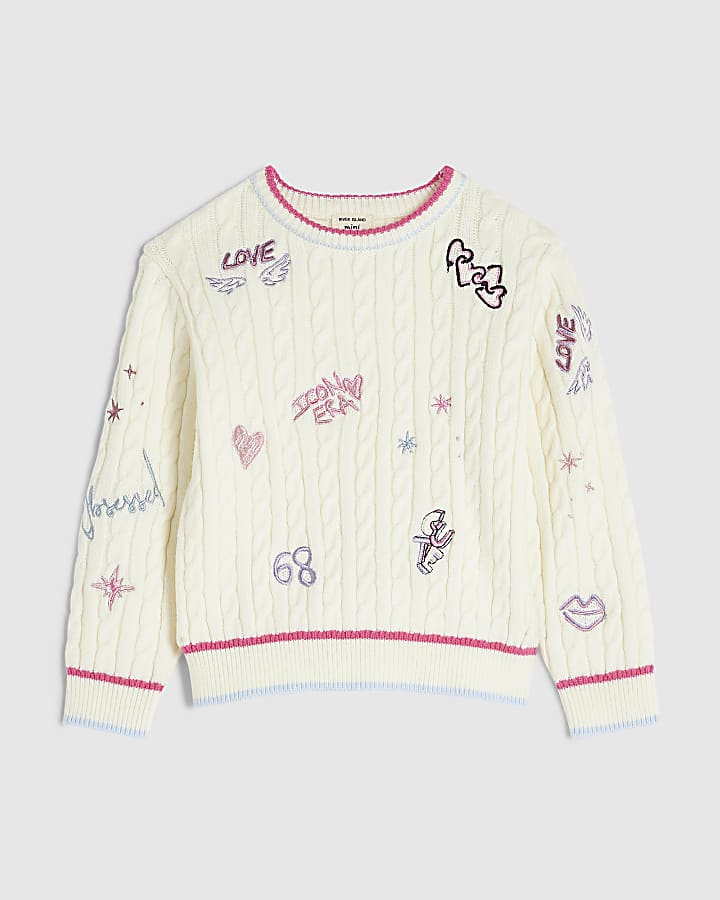 Mini Girls Cream Knit Doodle Jumper