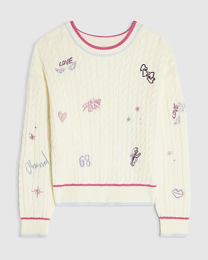 Girls Cream Knit Doodle Jumper
