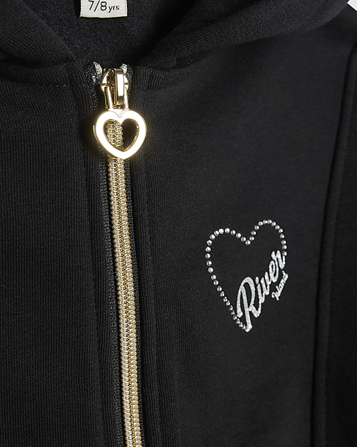 Girls Black Zip RI Heart Hoodie Set
